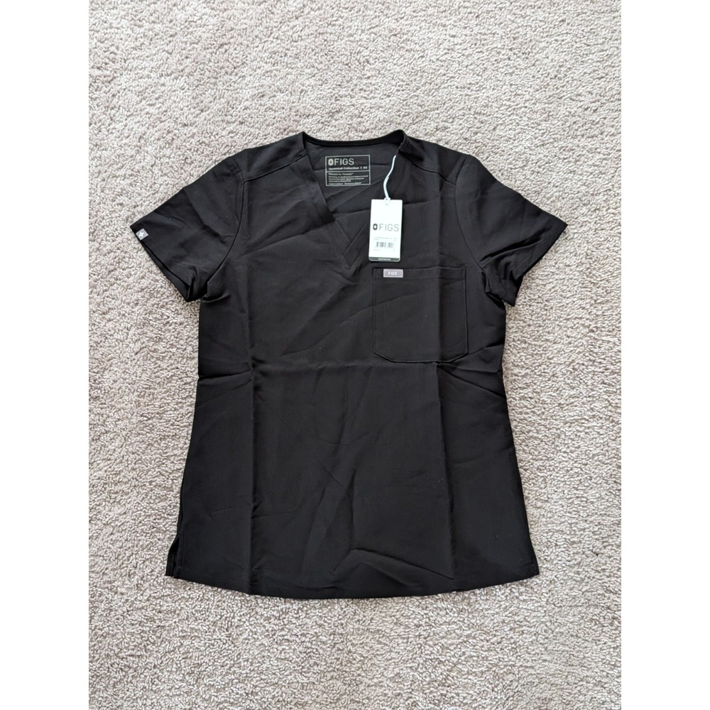 Figs Catarina One-Pocket Scrub Top Black Womens XS NWT Short Sleeve V Neck